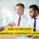 Legal methods for enforcing commercial contracts include negotiations, demand letters, arbitration, and litigation.