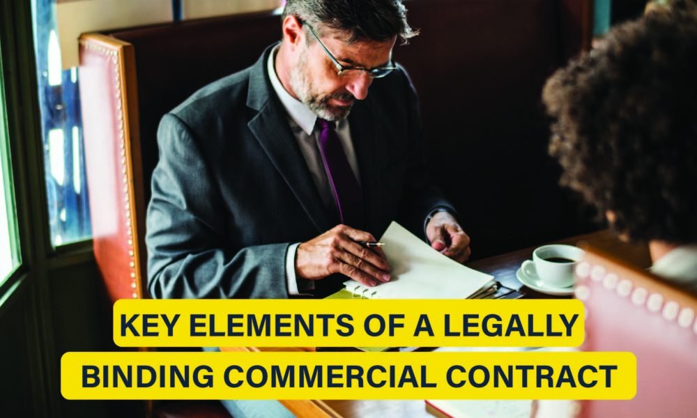 Key elements of a legally binding commercial contract, including offer, acceptance, consideration, and legal capacity.